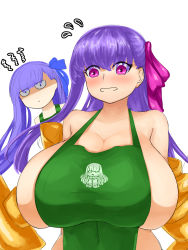 Rule 34 | 2girls, apron, blue eyes, blue hair, blue ribbon, blush, breast envy, breasts, cleavage, covered navel, fate/extra, fate/extra ccc, fate/grand order, fate (series), green apron, hair ribbon, highres, huge breasts, iced latte with breast milk (meme), kishinami hakuno (female), logo parody, long hair, magenta eyes, meltryllis (fate), meme, metal arms, multiple girls, naked apron, passionlip (fate), pink ribbon, purple hair, ribbon, sideboob, steamingtofu, very long hair