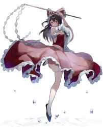 Rule 34 | 1girl, air bubble, armpit peek, bandaged chest, black footwear, bow, brown hair, bubble, closed mouth, detached sleeves, dot nose, flats, floating, frilled bow, frilled skirt, frills, gohei, hair bow, hakurei reimu, highres, holding, holding gohei, long hair, looking at viewer, midriff, navel, otintin, plantar flexion, red bow, red eyes, red skirt, red vest, ribbon-trimmed sleeves, ribbon trim, simple background, skirt, skirt set, socks, solo, standing, standing on one leg, touhou, vest, white background, white sleeves, white socks, wide sleeves