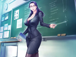 Rule 34 | 1girl, book, breasts, chalkboard, classroom, cleavage, curvy, female focus, formal, glasses, grassturtle, hair over shoulder, highres, holding, holding book, indoors, jewelry, large breasts, legs, lipstick, long hair, looking at viewer, makeup, necklace, original, pantyhose, parted lips, pink eyes, pointer, purple hair, red-framed eyewear, red lips, s kyoushi na kagami-sensei to m haha na ryouko-san 2, skirt, solo, standing, striped suit, suit, table, teacher, thighs, wide hips