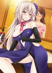 Rule 34 | 1boy, 1girl, alternate costume, bare legs, bare shoulders, bathroom, blonde hair, blush, breasts, cleavage, clothing cutout, crossdressing, dress, elbow gloves, fate/grand order, fate (series), flower, fujimaru ritsuka (male), gloves, hair between eyes, hair flower, hair ornament, heart, heart-shaped pupils, highres, ikura nagisa, jeanne d&#039;arc (fate), jeanne d&#039;arc (ruler) (fate), jeanne d&#039;arc alter (avenger) (fate), jeanne d&#039;arc alter (avenger) (third ascension) (fate), jeanne d&#039;arc alter (fate), large breasts, licking lips, long hair, looking at viewer, love handles, mirror, multiple girls, naughty face, navel, navel cutout, no bra, no panties, official alternate costume, pussy, pussy juice, reflection, ribbon, shiny skin, sink, sitting, sweat, symbol-shaped pupils, tongue, tongue out, uncensored, wet, yellow eyes