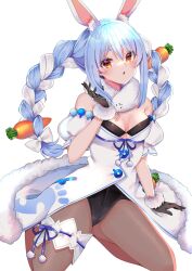 Rule 34 | 1girl, animal ear fluff, animal ears, black gloves, black leotard, black pantyhose, blue hair, braid, breasts, carrot hair ornament, cleavage, don-chan (usada pekora), dress, food-themed hair ornament, fur-trimmed dress, fur-trimmed gloves, fur trim, gloves, hair ornament, highres, hololive, leotard, leotard under clothes, long hair, looking at viewer, medium breasts, multicolored hair, open mouth, orange eyes, pantyhose, rabbit-shaped pupils, rabbit ears, rabbit girl, short eyebrows, symbol-shaped pupils, twin braids, two-tone hair, usada pekora, usada pekora (1st costume), virtual youtuber, white background, white dress, white hair, yuanagae