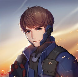 Rule 34 | 1boy, backlighting, black gloves, breasts, brown eyes, brown hair, character request, closed mouth, gloves, gradient sky, hand on own chest, headgear, kkuem, lens flare, looking at viewer, male focus, mole, mole under mouth, open clothes, overwatch, overwatch 1, pocket, signature, sky, soldier: 76 (overwatch), solo, sunlight, thick eyebrows, upper body