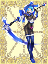 Rule 34 | 1girl, blue eyes, blue hair, blush, bodysuit, boots, bow, breasts, character request, detached sleeves, full body, gloves, hood, kerberos blade, large breasts, looking at viewer, matching hair/eyes, pubic tattoo, ribbon, ryoji (nomura ryouji), scythe, shiny clothes, short hair, skin tight, smile, solo, tattoo, thigh boots, thighhighs, weapon