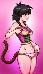 Rule 34 | 10s, 1girl, 2015, armor, armor lift, artist name, bare shoulders, black hair, breastplate, breasts, brown hair, clothes lift, dated, dragon ball, dragonball z, from side, gine, gradient background, groin, highres, looking at viewer, mature female, midriff, monkey tail, navel, nipples, panties, panty pull, pink background, pink panties, revtilian, short hair, signature, smile, smirk, solo, standing, stomach, tail, underboob, underwear, undressing
