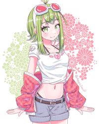 Rule 34 | 1girl, aegissanp, belt, blush, commentary, cowboy shot, crop top, denim, denim shorts, english commentary, floral background, goggles, goggles on head, green eyes, green hair, gumi, heart, heart print, highres, jacket, looking at viewer, midriff, navel, open clothes, open jacket, panty straps, red goggles, red jacket, shirt, short hair with long locks, shorts, sidelocks, smile, solo, stomach, twitter username, vocaloid, white shirt, wing print, winged heart