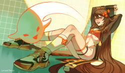 Rule 34 | 1girl, black nails, brown hair, flower, genshin impact, ghost, hair flower, hair ornament, highres, hu tao (genshin impact), kneehighs, long hair, long sleeves, looking at viewer, lt (trusylifchik), nail polish, open mouth, red eyes, shoes, sitting, sneakers, socks, solo, star-shaped pupils, star (symbol), symbol-shaped pupils, teeth, very long hair, white socks, wide sleeves