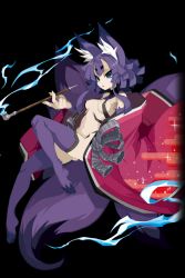 Rule 34 | 1girl, :o, animal ear fluff, animal ears, breasts, disgaea, disgaea rpg, fox ears, fox tail, holding, long hair, medium breasts, multiple tails, navel, nine-tailed fox (disgaea), official art, purple hair, revealing clothes, slit pupils, smoking pipe, solo, tail, transparent background