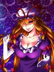 Rule 34 | 1girl, blonde hair, bow, breasts, cleavage, elbow gloves, gloves, hair bow, hair over one eye, hat, hat ribbon, highres, large breasts, purple eyes, ribbon, samuimu, smile, solo, space, touhou, white gloves, yakumo yukari