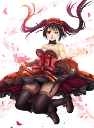 Rule 34 | 10s, 1girl, bare shoulders, black footwear, black hair, black thighhighs, boots, breasts, choker, cleavage, clock eyes, cross-laced footwear, date a live, dress, garter straps, gothic lolita, gradient background, hairband, highres, knee boots, lace-up boots, large breasts, lipstick, lolita fashion, lolita hairband, long hair, makeup, red eyes, roland-gin, solo, symbol-shaped pupils, thighhighs, tokisaki kurumi, twintails
