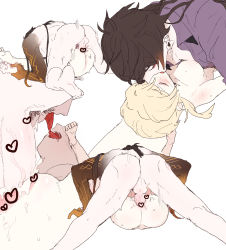 Rule 34 | 1boy, 1girl, black hair, blonde hair, blush, boy on top, breasts, brown hair, censored, closed eyes, dal-gi, earrings, french kiss, genshin impact, gradient hair, heart, heart censor, hetero, highres, jewelry, kiss, long hair, lumine (genshin impact), lying, male pubic hair, mating press, medium breasts, multicolored hair, multiple views, nude, on back, open clothes, open shirt, penis, pubic hair, purple shirt, pussy, sex, shirt, simple background, single earring, tassel, tassel earrings, tongue, tongue out, vaginal, veins, veiny penis, white background, zhongli (genshin impact)