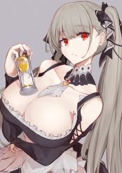 Rule 34 | 1girl, arm under breasts, azur lane, bare shoulders, between breasts, black dress, blush, breasts, bridal gauntlets, cleavage, collarbone, detached collar, dress, earrings, formidable (azur lane), frilled dress, frills, grey background, grey hair, hair ribbon, highres, holding hourglass, hourglass, jewelry, large breasts, long hair, looking at viewer, marshall k, red eyes, ribbon, simple background, solo, twintails, two-tone dress, two-tone ribbon, very long hair