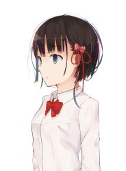 Rule 34 | 1girl, bad id, bad pixiv id, black hair, blue eyes, blunt bangs, bow, breasts, closed mouth, collared shirt, from side, hair bow, hair ribbon, highres, hyakunin momoko, medium breasts, original, pink bow, red bow, red ribbon, ribbon, school uniform, shirt, short hair, simple background, solo, upper body, white background, white shirt