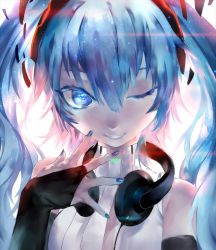 Rule 34 | 1girl, azomo, bare shoulders, blue eyes, blue hair, blue nails, bridal gauntlets, commentary, fingernails, hair between eyes, hand up, hatsune miku, hatsune miku (append), headphones, highres, looking at viewer, nail polish, one eye closed, smile, solo, twintails, upper body, vocaloid, vocaloid append