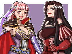 Rule 34 | 2girls, :d, bare shoulders, belt, blue belt, blunt bangs, breasts, brown cape, brown eyes, brown hair, cape, chest strap, cleavage, closed mouth, collarbone, commentary, corset, cosplay, costume switch, dress, elbow gloves, english commentary, female focus, fire emblem, fire emblem: genealogy of the holy war, fire emblem: three houses, fire emblem heroes, frown, gloves, gold trim, hair intakes, hand up, high collar, hilda (fire emblem), hilda (fire emblem) (cosplay), hilda valentine goneril, hilda valentine goneril (cosplay), large breasts, lips, long hair, matching hair/eyes, mnejing30, multiple girls, name connection, nintendo, open mouth, outline, pink eyes, pink hair, puffy sleeves, purple dress, purple gloves, red belt, red cape, red dress, red gloves, red lips, ringed eyes, smile, striped sleeves, two-tone cape, v-shaped eyebrows, vertical-striped sleeves, very long hair, white outline