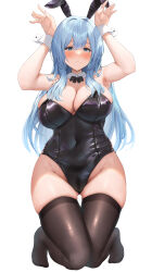 Rule 34 | 1girl, absurdres, animal ears, armpits, bare shoulders, black bow, black bowtie, black leotard, black thighhighs, blue eyes, blue hair, blush, bow, bowtie, breasts, closed mouth, covered navel, detached collar, fake animal ears, full body, futon fly away, gluteal fold, hands up, highres, kneeling, large breasts, leotard, mole, mole under eye, original, playboy bunny, rabbit ears, sidelocks, simple background, skindentation, tearing up, thigh gap, thighhighs, thighs, white background, wrist cuffs