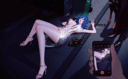 Rule 34 | 1girl, absurdres, alcohol, arrow (symbol), azur lane, backless dress, backless outfit, bare shoulders, black pants, blue hair, blush, bracelet, breasts, car, cellphone, champagne flute, cleavage, closed eyes, cup, dog, dress, drinking glass, evening gown, grey dress, hair between eyes, hair ornament, hair over one eye, hairclip, halter dress, halterneck, high heels, highres, holding, holding phone, jewelry, large breasts, lying, motor vehicle, nail polish, on back, open mouth, pants, phone, plunging neckline, recording, recycle bin, recycling symbol, revealing clothes, sekirei (redooo), side ponytail, sidelocks, silver dress, sleeping, smartphone, st. louis (azur lane), st. louis (luxurious wheels) (azur lane), thighs