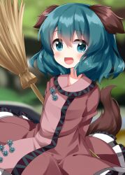 Rule 34 | 1girl, animal ears, blush, broom, dog ears, dog tail, dress, green eyes, green hair, hair between eyes, highres, holding, holding broom, kasodani kyouko, long sleeves, looking at viewer, one-hour drawing challenge, open mouth, pink dress, ruu (tksymkw), short hair, smile, solo, tail, touhou, upper body