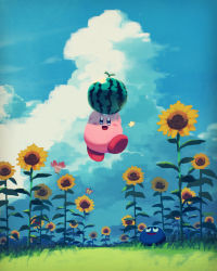 Rule 34 | blue sky, bug, butterfly, character request, cloud, day, flower, food, fruit, gooey (kirby), highres, insect, kirby, kirby (series), looking at another, looking at viewer, nintendo, open mouth, outdoors, sky, smile, summer, sunflower, suyasuyabi, watermelon