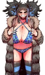 1girl animal_print bikini black_hair blue_bikini blue_hair blunt_bangs blush breasts choker cleavage coat curvy fur-trimmed_jacket fur_trim highres horizontal-striped_thighhighs huge_breasts jacket large_breasts leopard_print long_coat long_hair looking_at_viewer multicolored_hair naughty_face oohara_satsuki open_clothes skindentation smile solo streaked_hair striped_clothes striped_thighhighs swimsuit teihen_no_daigaku_janaru thighhighs twintails zyugoya