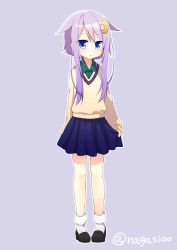 Rule 34 | 10s, 1girl, alternate costume, blue eyes, crescent, crescent hair ornament, full body, hair flaps, hair ornament, kantai collection, long sleeves, nagasioo, outline, parted lips, pigeon-toed, pleated skirt, purple background, purple hair, short hair with long locks, simple background, skirt, solo, standing, sweater, twitter username, white outline, yayoi (kancolle)