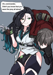 Rule 34 | 1boy, 1girl, absurdres, aqua hair, assertive female, bad id, bad pixiv id, badge, bdsm, belt, black hair, black shorts, bondage, boots, bound, buttons, carrying, carrying over shoulder, collarbone, colt python, commander (girls&#039; frontline), commission, double-breasted, english text, faceless, faceless male, femdom, girls&#039; frontline, gloves, gradient hair, green eyes, grey background, grey hair, griffin &amp; kryuger military uniform, gun, hair ornament, handgun, highres, hip vent, holding, holding weapon, imminent penetration, imminent rape, jacket, lapel pin, laughing, lifting person, long hair, messy hair, mole, mole under eye, multicolored clothes, multicolored hair, multicolored jacket, necktie, open clothes, open jacket, parted lips, partially fingerless gloves, pixiv commission, python (girls&#039; frontline), red jacket, revolver, rope, seductive smile, short shorts, shorts, side slit, side slit shorts, sleeves rolled up, smile, speech bubble, stomach, strap, streaked hair, struggling, thigh boots, thighhighs, thighs, translated, trigger discipline, wavy hair, weapon, white jacket, zandorosouls