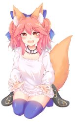Rule 34 | 1girl, animal ear fluff, animal ears, blue bow, blue thighhighs, bow, buwad, fate/grand order, fate (series), flat chest, fox ears, fox girl, fox tail, hair bow, heart, heart-shaped pupils, highres, long sleeves, official alternate costume, pink hair, seiza, shirt, sidelocks, sitting, solo, symbol-shaped pupils, tail, tamamo (fate), tamamo no mae (fate/extra), thighhighs, twintails, white shirt, yellow eyes, aged down