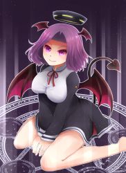 Rule 34 | 10s, 1girl, arano oki, barefoot, black dress, breasts, commentary request, demon girl, demon tail, demon wings, dress, female focus, gradient background, hair intakes, halo, head wings, highres, kantai collection, large breasts, long sleeves, magic circle, purple eyes, purple hair, short dress, smile, solo, tail, tatsuta (kancolle), v arms, wings