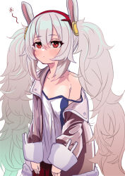 Rule 34 | 1girl, absurdres, animal ears, azur lane, blush, camisole, flat chest, grey hair, hair between eyes, hairband, hey taisyou, highres, jacket, laffey (azur lane), long hair, long sleeves, off shoulder, open clothes, open jacket, pink jacket, rabbit ears, red eyes, red hairband, simple background, solo, twintails, very long hair, white background