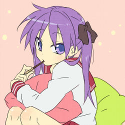 Rule 34 | 00s, 1girl, food, hair ribbon, hiiragi kagami, long hair, looking at viewer, lowres, lucky star, mouth hold, hugging object, pillow, pillow hug, pleated skirt, pocky, purple eyes, purple hair, ribbon, school uniform, serafuku, skirt, solo, tsurime, twintails