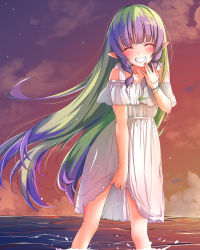 Rule 34 | 1girl, ^ ^, ameth (princess connect!), aono (f i s), bare shoulders, blush, bracelet, braid, closed eyes, cloud, cloudy sky, collarbone, dress, evening, facing viewer, floating hair, green hair, grin, highres, horizon, jewelry, long hair, multicolored hair, ocean, off-shoulder dress, off shoulder, outdoors, pointy ears, princess connect!, purple hair, see-through, side braids, sidelocks, sky, smile, solo, standing, summer, sunset, twin braids, two-tone hair, very long hair, wading, water, white dress