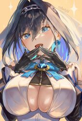 Rule 34 | + +, 1girl, black gloves, black hair, blue eyes, blue hair, blue ribbon, bow, bow earrings, breasts, chain headband, cleavage cutout, clothing cutout, covered erect nipples, cross-shaped pupils, detached sleeves, earrings, excited, gloves, hair intakes, headband, heart-shaped gem, highres, hololive, hololive english, jewelry, large breasts, looking at viewer, open mouth, ouro kronii, revision, ribbon, ribbon earrings, sailor collar, santafe99, shirt, short hair, skindentation, sleeveless, sleeveless shirt, smile, solo, sparkle, sparkling eyes, star-shaped pupils, star (symbol), symbol-shaped pupils, underboob, underboob cutout, veil, virtual youtuber, white shirt, zipper