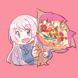 Rule 34 | 1girl, bang dream!, bang dream! it&#039;s mygo!!!!!, blue dress, blush, bouquet, chihaya anon, commentary request, cropped torso, dress, fang, flower, grey eyes, holding, holding bouquet, long hair, long sleeves, mukiki, open mouth, orange flower, pink background, pink hair, red flower, smile, solo, upper body