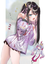 Rule 34 | 2girls, absurdres, alternate costume, angry, animal ears, bell, black hair, black skirt, blue eyes, character print, colored inner hair, diamond-shaped pupils, diamond (shape), fang, gradient hair, grey hair, hair bell, hair ornament, hair ribbon, highres, jacket, japanese clothes, jingle bell, kaga nazuna, kimono, leaning forward, long hair, long sleeves, looking at another, looking at viewer, miniskirt, mole, mole under eye, multicolored hair, multiple girls, open mouth, pink hair, pleated skirt, pome charo, print jacket, purple eyes, rabbit ears, red ribbon, red skirt, ribbon, short eyebrows, skirt, smile, smug, streaked hair, swept bangs, symbol-shaped pupils, thighs, tosaki mimi, twintails, two-tone hair, two side up, v-shaped eyebrows, virtual youtuber, vspo!, white jacket, white kimono