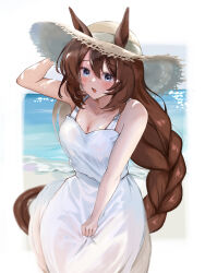 Rule 34 | 1girl, absurdres, animal ears, arm up, armpit crease, armpits, bare shoulders, beach, blue eyes, blush, border, braid, braided ponytail, breasts, brown hair, cleavage, commentary request, cowboy shot, cropped legs, dress, dress grab, ears through headwear, hair between eyes, hat, highres, horse ears, horse girl, horse tail, large breasts, long hair, looking at viewer, ocean, open mouth, outdoors, ponytail, sand, solo, straw hat, sun hat, sundress, super creek (umamusume), tail, umainu 2002, umamusume, very long hair, water, white border, white dress