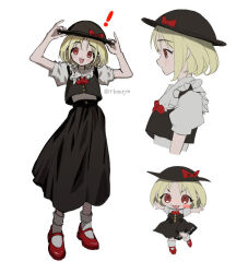 Rule 34 | !, 1girl, black headwear, black skirt, black vest, blonde hair, blush, bow, carbonara hontyotyo, closed mouth, collared shirt, hat, hat bow, multiple views, open mouth, outstretched arms, red bow, red eyes, red footwear, rumia, shirt, shoes, short hair, short sleeves, simple background, skirt, smile, socks, spread arms, touhou, twitter username, vest, white background, white shirt, white socks