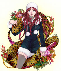 Rule 34 | 10s, 1girl, 2013, blue eyes, chinese zodiac, coat, hat, hubin umai, long hair, new year, original, red hair, snake, snake (chinese zodiac), solo, sweater, thighhighs, turtleneck, winter clothes