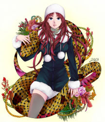 10s 1girl 2013 blue_eyes chinese_zodiac coat female_focus hat hubin_umai long_hair new_year original red_hair snake snake_(chinese_zodiac) solo sweater thighhighs turtleneck winter_clothes