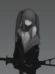 Rule 34 | 1girl, assault rifle, belt, black bow, black jacket, black pantyhose, bow, closed mouth, cowboy shot, eyelashes, flat chest, girls&#039; frontline, grey background, greyscale, gun, gyup91, h&amp;k ump, hair bow, hair ornament, hairclip, head tilt, highres, holding, holding gun, holding weapon, jacket, long sleeves, looking at viewer, monochrome, off shoulder, pantyhose, rifle, scar, scar across eye, scar on face, scarf, simple background, sleeves past wrists, smile, solo, submachine gun, torn clothes, torn pantyhose, ump9 (girls&#039; frontline), weapon