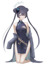 Rule 34 | 1girl, absurdres, bare shoulders, barefoot, black dress, black hair, blue archive, breasts, butterfly hair ornament, china dress, chinese clothes, covered navel, double bun, dragon print, dress, grey eyes, grey jacket, hair bun, hair ornament, halo, highres, jacket, kisaki (blue archive), kneeling, long hair, long sleeves, looking at viewer, no panties, off shoulder, open clothes, open jacket, pelvic curtain, print dress, raku (clearpage), short dress, sleeveless, sleeveless dress, small breasts, solo, thighs, twintails, very long hair