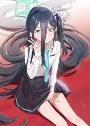 Rule 34 | 1girl, absurdly long hair, aris (blue archive), black hair, black hairband, black skirt, blue archive, blue eyes, blue necktie, blush, collared shirt, commentary request, feet out of frame, hair between eyes, hairband, halo, hand on own thigh, hand up, highres, long hair, looking at viewer, necktie, one side up, parted lips, pleated skirt, shirt, skirt, solo, subachi, v, v-shaped eyebrows, very long hair, white shirt