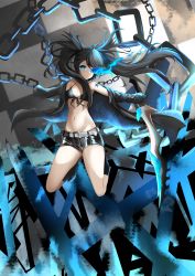 1girl, absurdres, bangs, bare shoulders, belt, bikini, bikini top, black coat, black footwear, black hair, black rock shooter, black rock shooter (character), black shorts, blue eyes, boots, breasts, chains, checkered, checkered background, cleavage, closed mouth, coat, commentary, eyebrows behind hair, flaming eye, front-tie bikini, front-tie top, full body, groin, hair between eyes, highres, holding, holding sword, holding weapon, huge filesize, katana, knee boots, long hair, long sleeves, looking at viewer, midriff, navel, off shoulder, scar, short shorts, shorts, sidelocks, small breasts, solo, swimsuit, sword, twintails, uneven twintails, uzimiya uziko, very long hair, weapon, white belt