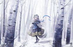 Rule 34 | 1girl, a0lp, animal ears, arknights, bell, black capelet, black footwear, black hat, blue jacket, blue skirt, boots, capelet, commentary request, forest, full body, fur-trimmed capelet, fur trim, grey eyes, hat, highres, holding, holding bell, jacket, korean commentary, leopard ears, leopard girl, leopard tail, long hair, long sleeves, looking at viewer, medium skirt, nature, pramanix (arknights), silver hair, skirt, snow, solo, tail, tree, very long hair