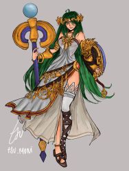 Rule 34 | 1girl, bare shoulders, bracelet, breasts, choker, commission, commissioner upload, dress, green eyes, green hair, grey background, high heels, holding, holding staff, jewelry, kid icarus, kid icarus uprising, long hair, necklace, nintendo, palutena, parted bangs, pendant, shield, side slit, signature, single thighhigh, sleeveless, sleeveless dress, smile, solo, staff, strapless, strapless dress, thighhighs, tsu moni, tsumoni, very long hair, white dress, white thighhighs
