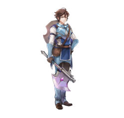 Rule 34 | 1boy, absurdres, aged down, axe, brown eyes, brown gloves, brown hair, fire emblem, fire emblem awakening, fire emblem heroes, frederick (child) (fire emblem), frederick (fire emblem), frown, gloves, highres, holding, holding axe, looking at viewer, nintendo, official art, pebble, pouch, shield, shield on back, short hair, solo, tachi-e, tagme, v-shaped eyebrows, wada sachiko
