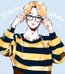 Rule 34 | 1boy, blonde hair, bts, earrings, glasses, jewelry, jimin (bts), k-pop, looking at viewer, male focus, piercing, shirt, solo, striped clothes, striped shirt