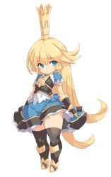 Rule 34 | 1girl, armor, black gloves, black thighhighs, blonde hair, blue dress, blue eyes, blush, breastplate, charlotta (granblue fantasy), closed mouth, dress, elbow gloves, full body, gloves, granblue fantasy, hair between eyes, harvin, highres, karukan (monjya), long hair, looking at viewer, pointy ears, puffy short sleeves, puffy sleeves, short sleeves, simple background, smile, solo, standing, thighhighs, very long hair, white background
