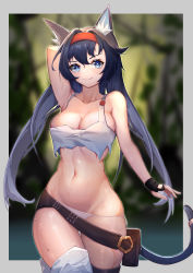 Rule 34 | 1girl, absurdres, animal ears, arknights, arm up, armpits, bare arms, bare shoulders, belt, bikini, black belt, black hair, blaze (arknights), blue eyes, blurry, blurry background, border, breasts, cat ears, cat tail, cowboy shot, grey border, groin, hairband, highres, large breasts, long hair, looking at viewer, navel, official alternate costume, outside border, red hairband, rh huinai, smile, solo, standing, stomach, swimsuit, tail, thighhighs, thighs, very long hair, white bikini