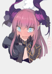 Rule 34 | 10s, 1girl, blue eyes, blush, elizabeth bathory (fate), elizabeth bathory (fate/extra ccc), fate/extella, fate/extra, fate (series), full-face blush, highres, horns, long hair, looking at viewer, official alternate costume, open mouth, pointy ears, purple hair, solo, sweatdrop, walzrj