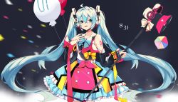 Rule 34 | 1girl, absurdly long hair, absurdres, anniversary, aqua eyes, aqua hair, aqua skirt, artist name, artist request, balloon, bare shoulders, blue bow, blue eyes, blue hair, bow, breasts, collarbone, female focus, hatsune miku, highres, holding, holding megaphone, long hair, looking at viewer, magical mirai (2018), magical mirai (vocaloid), matsushi gumiku, matsushima sumiko, megaphone, multicolored clothes, multicolored skirt, neckerchief, number tattoo, parted lips, red balloon, red neckerchief, shoulder tattoo, skirt, small breasts, smile, solo, tattoo, twintails, very long hair, vocaloid, white balloon, white skirt, yellow bow