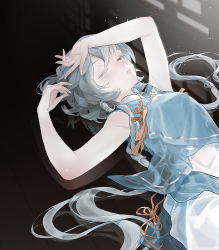 Rule 34 | 1girl, algae extract, arms up, blue dress, bow, breasts, closed mouth, collar, colored eyelashes, commentary, dress, from above, grey eyes, grey hair, hair between eyes, hair ornament, highres, lips, long hair, looking at viewer, luo tianyi, lying, messy hair, on back, one eye closed, orange bow, reflection, simple background, sleeveless, sleeveless dress, solo, upper body, very long hair, vocaloid, vsinger